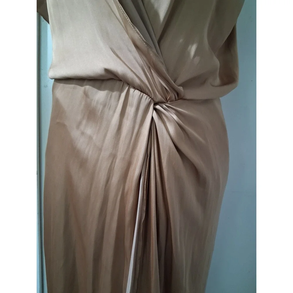 Reset by Jane Champagne Satin Draped Twist Front V-Back Midi Dress Womens Size M